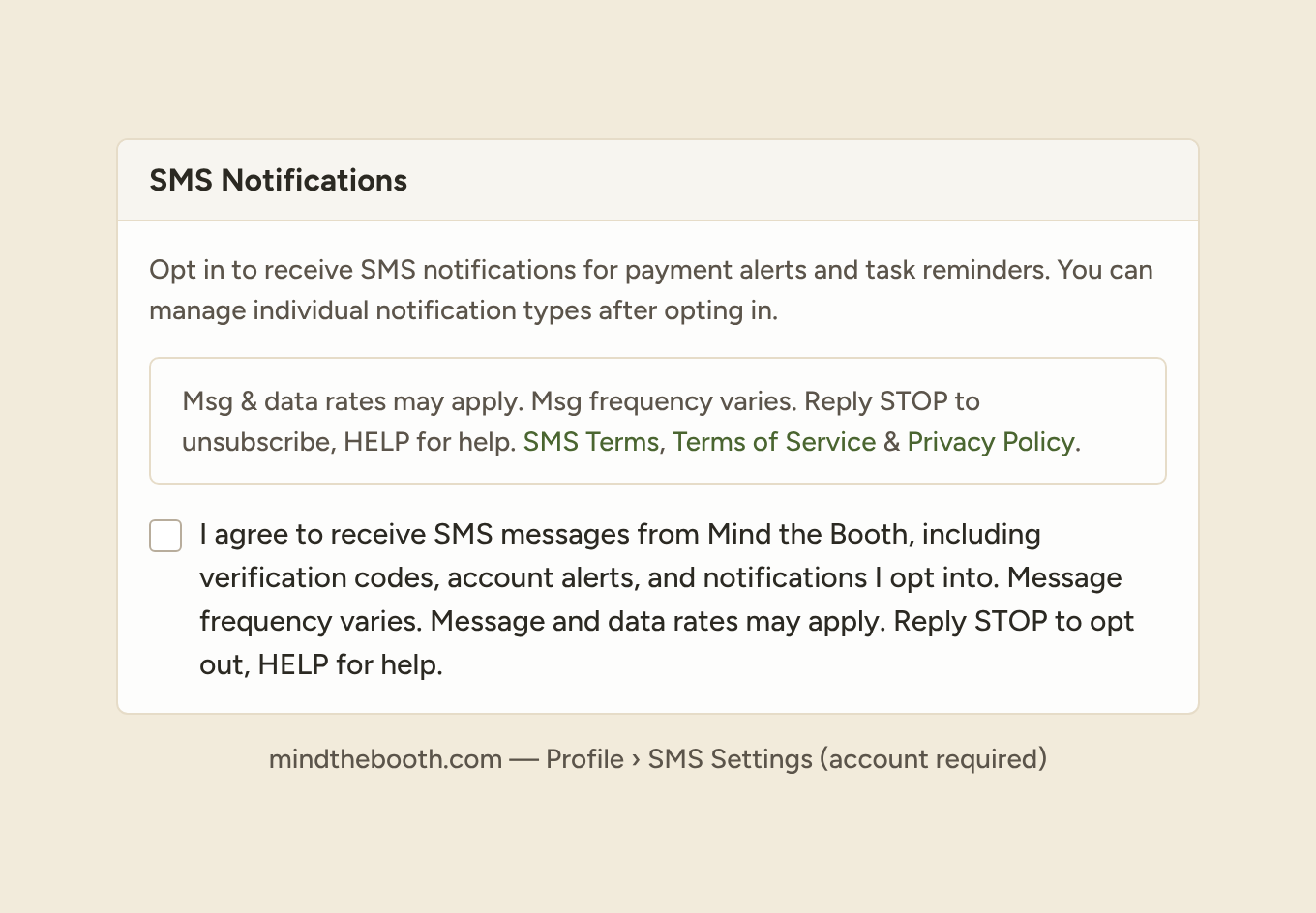 Screenshot of the Mind the Booth SMS Settings opt-in form showing the consent checkbox with full disclosure language